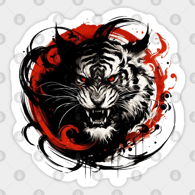 Sumie Japanese Brushstroke White Demon Tiger Sticker by TomFrontierArt